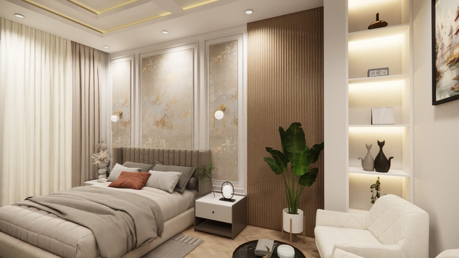 3D interior render of a master bedroom with an upholstered bed, gold-textured wall panels, fluted wood panelling and lit shelves