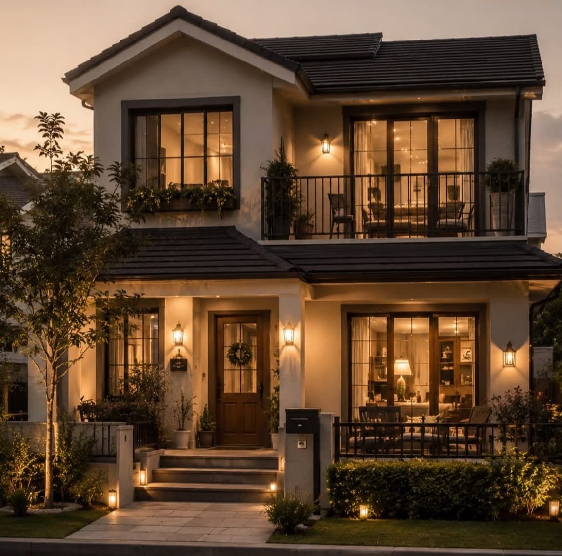 3D elevation of a two-storey house at dusk with warm wall lights, a first-floor balcony and a covered front porch